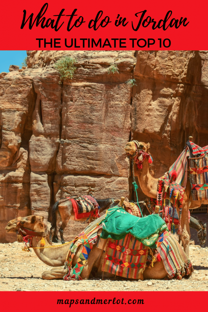 Discover the 10 top tourist attractions in Jordan! This pinnable image shows camels in a desert in Jordan