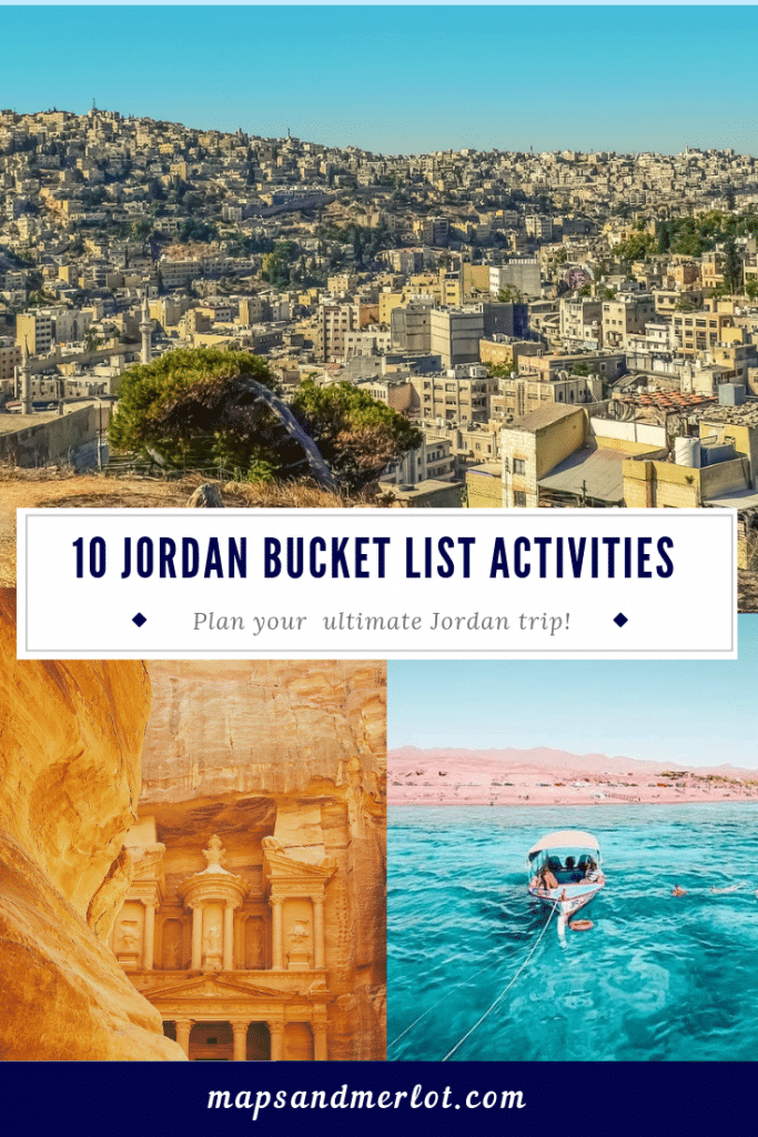 Discover the 10 top tourist attractions in Jordan! This pinnable image shows Amman, Jordan; Petra; and the Red Sea in Aqaba, Jordan.