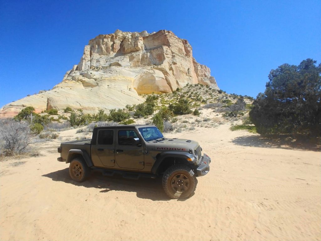 Our Jeep Gladiator in front of the Great Chamber at Cutler Point