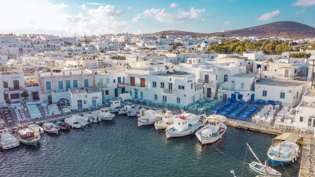 Naoussa port in Paros from drone