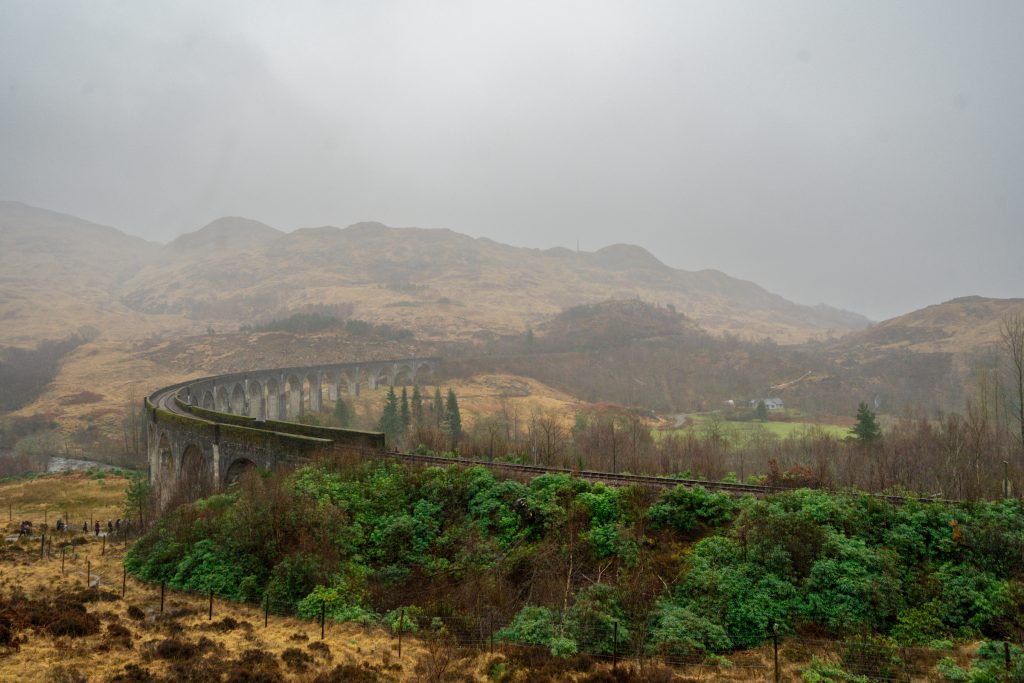 Glenfinnan Viaduct in Glenfinnan, Scotland on a cloudy day